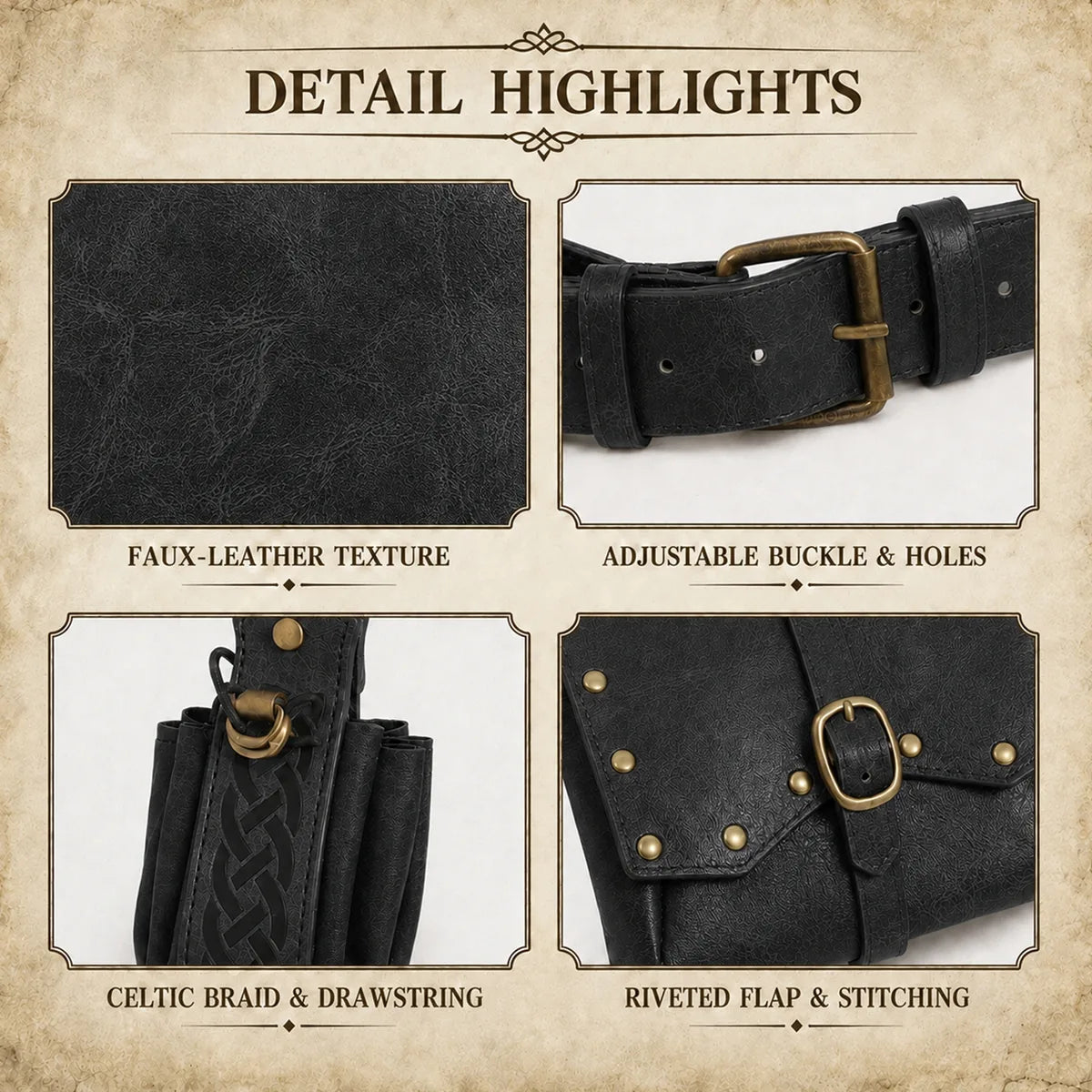 Close-up details of the black medieval belt set, showing visible texture, color, and construction.