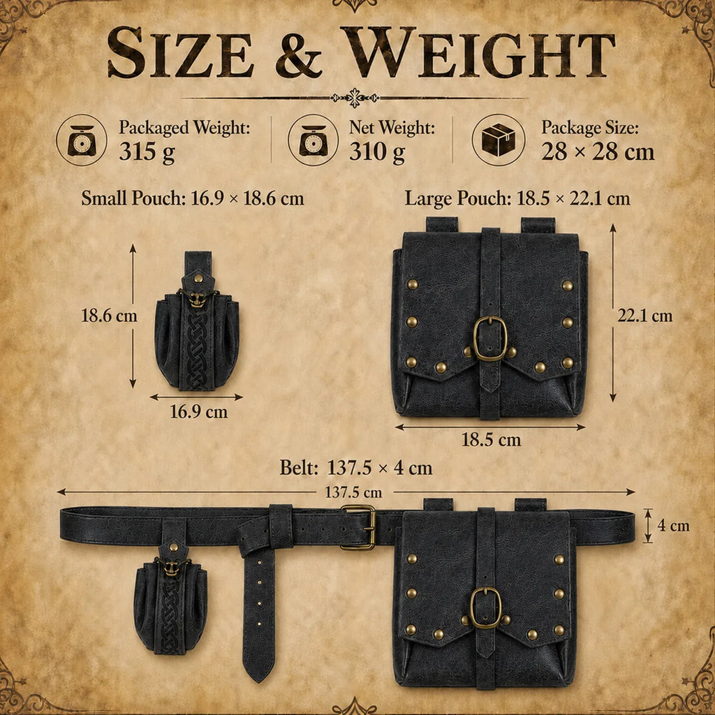 Dimension chart for the black medieval belt set, showing the listed product measurements and scale.