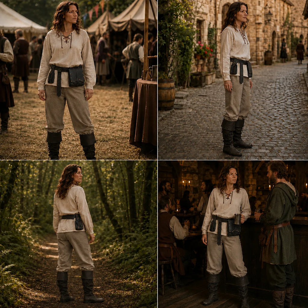 The black medieval belt set shown across several styled Halloween and event display scenes.