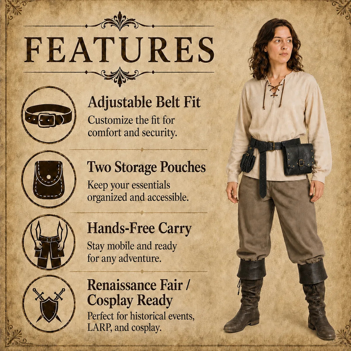 Feature graphic for the black medieval belt set, highlighting visible design details and intended use.