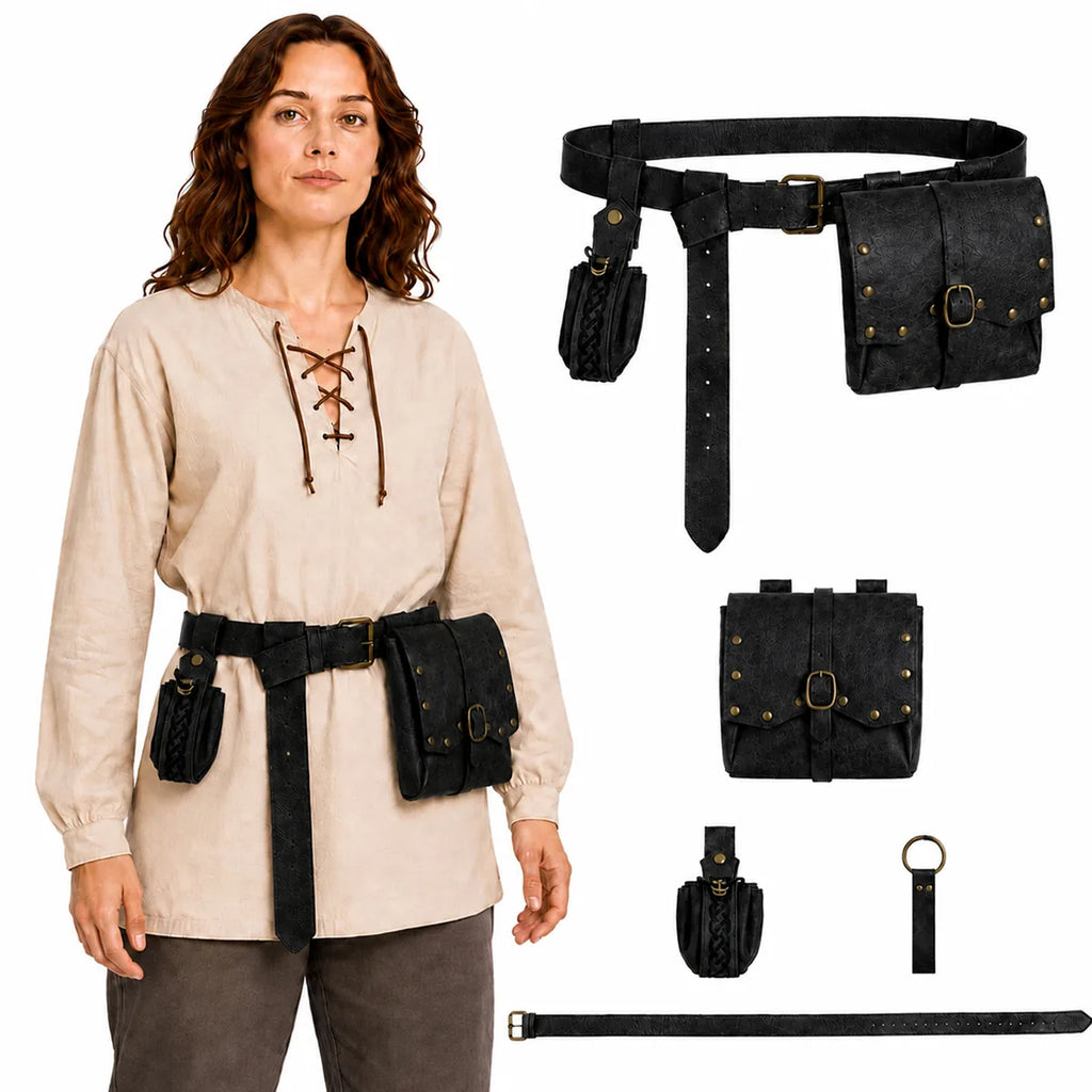 Front view of the black medieval belt set, showing its overall shape and visible design.