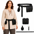 Front view of the black medieval belt set, showing its overall shape and visible design.