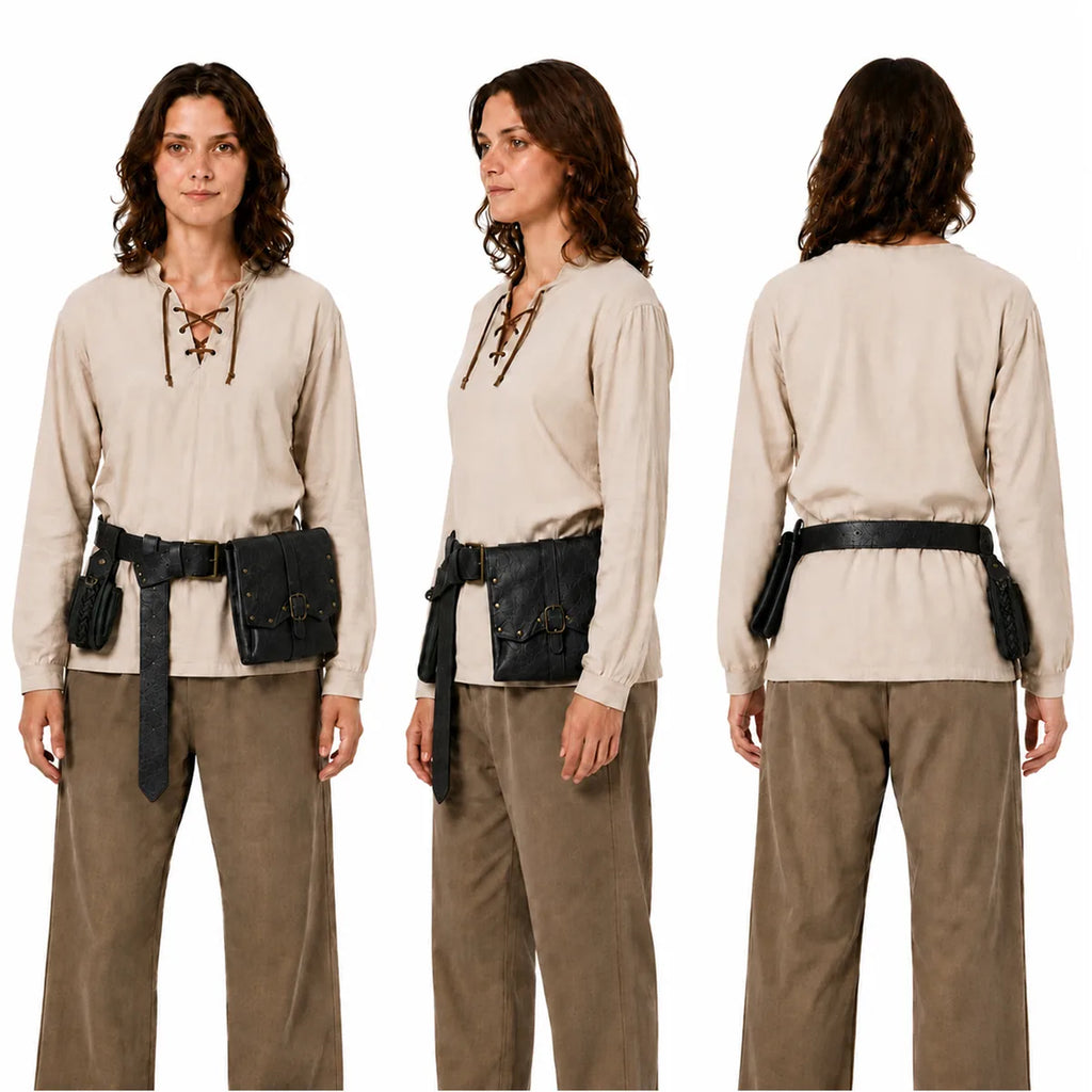 Multiple-angle view of the black medieval belt set, showing its shape from different sides.