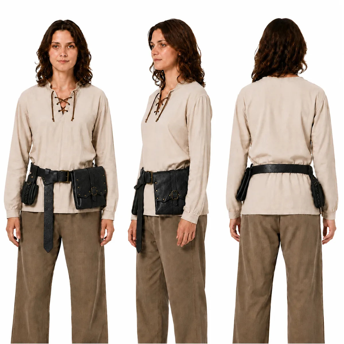 Multiple-angle view of the black medieval belt set, showing its shape from different sides.