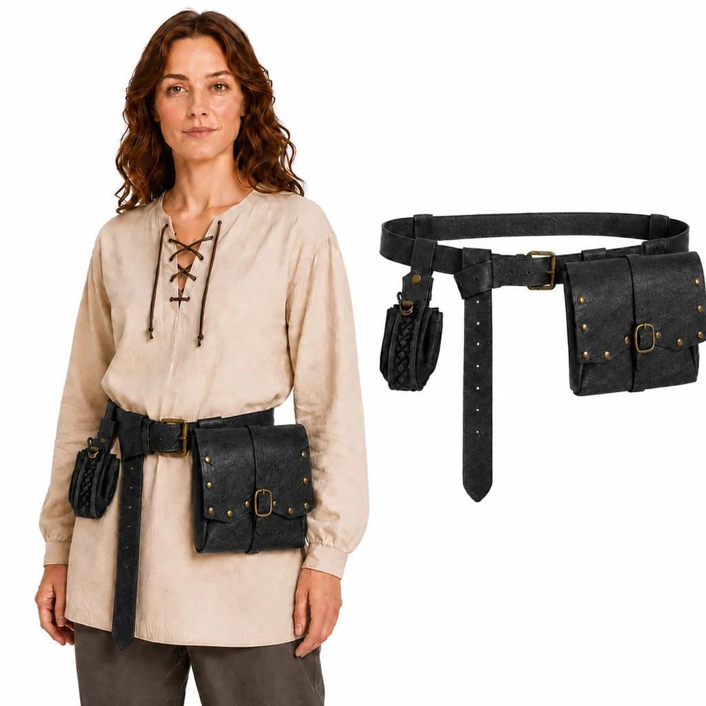 Styled view of the black medieval belt set, showing how the item appears in use.