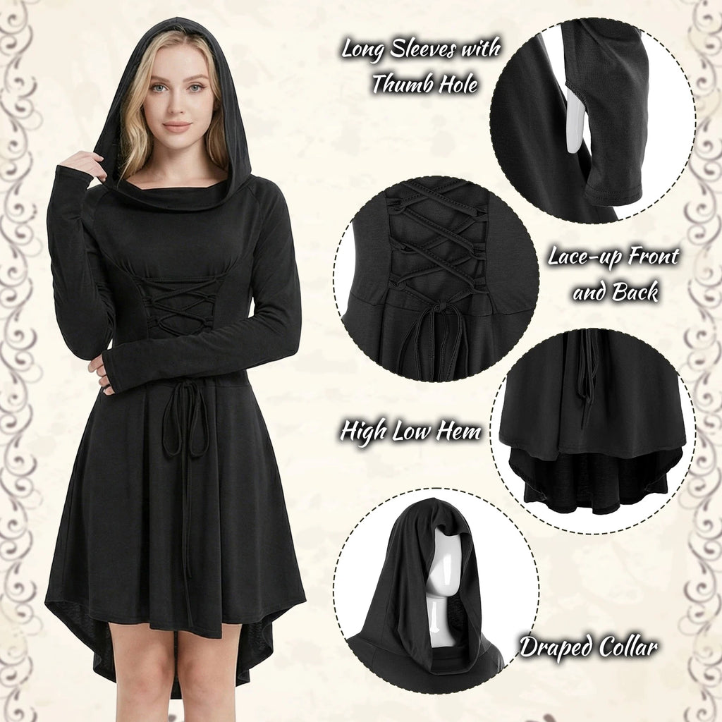 Close-up details of the black medieval dress and adjustable lacing