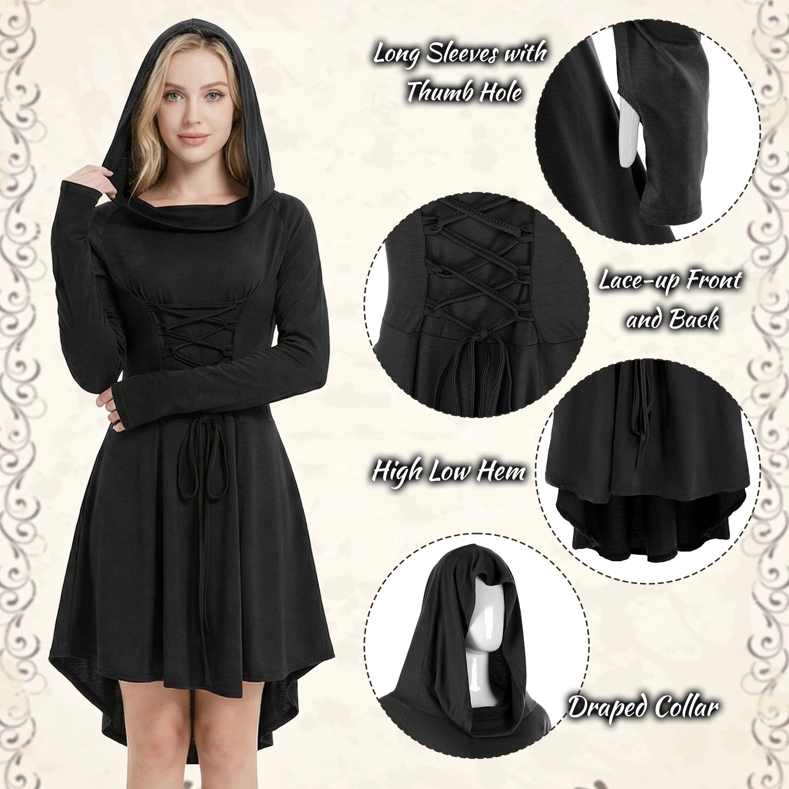 Close-up details of the black medieval dress and adjustable lacing