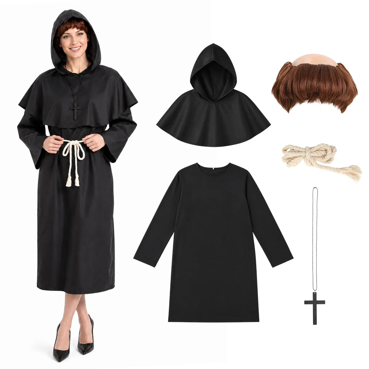 Adult black monk robe costume set with brown wig, female front view