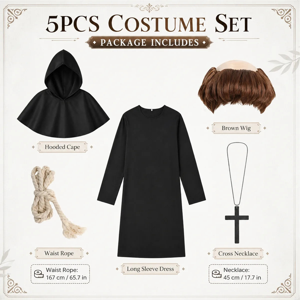 Black monk costume contents and accessories, male presentation