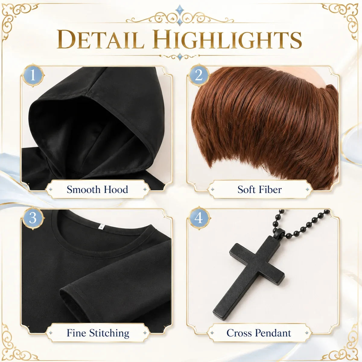 Black monk robe and brown wig detail view, male presentation
