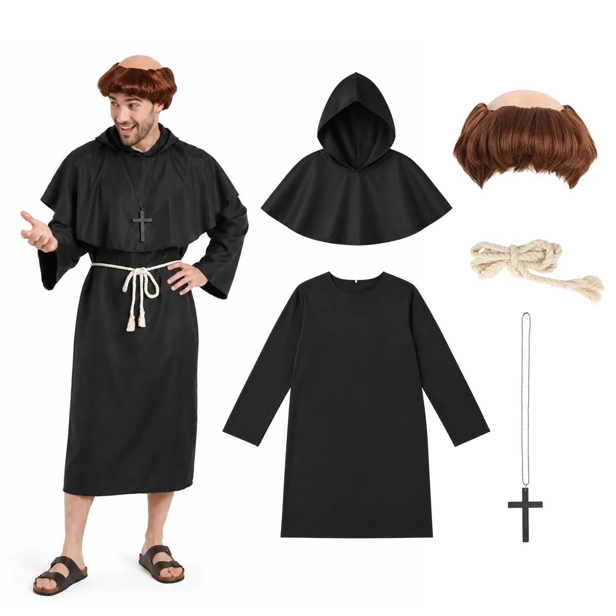 Adult black monk robe costume set with brown wig, male front view