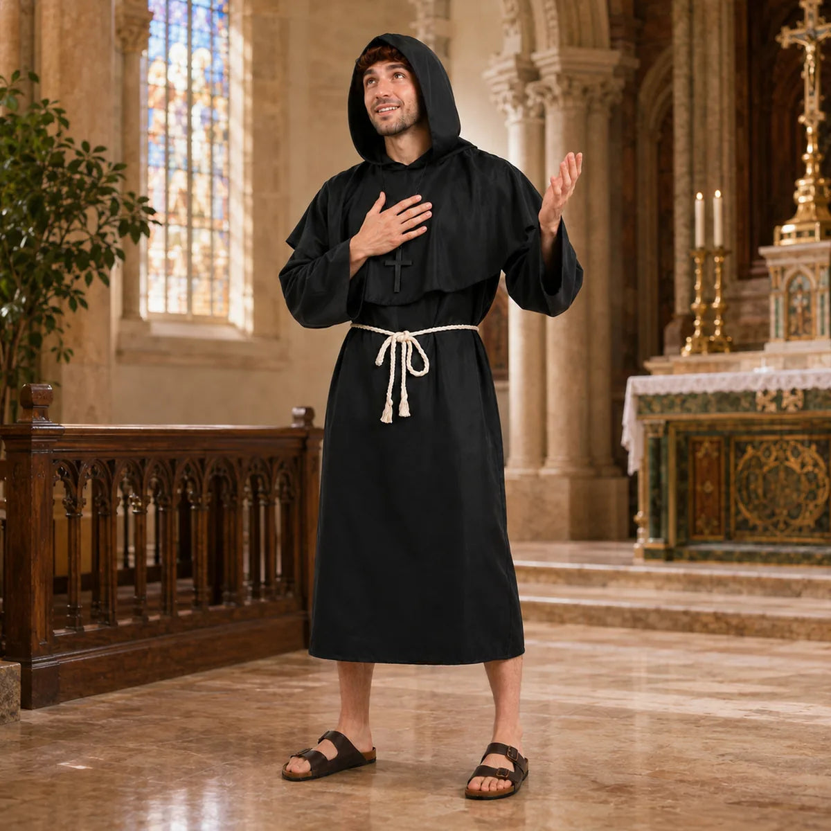 Adult black monk Halloween costume, male scene