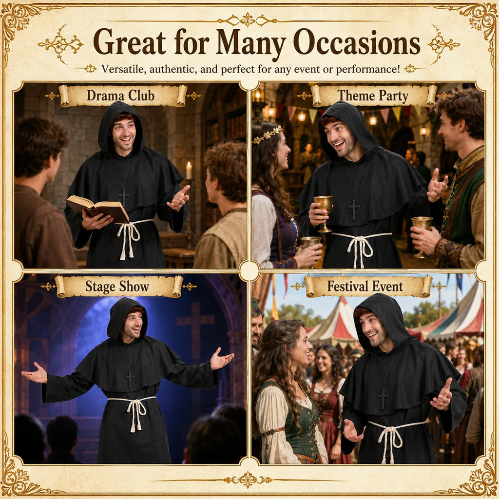 Adult black monk robe costume, male lifestyle view
