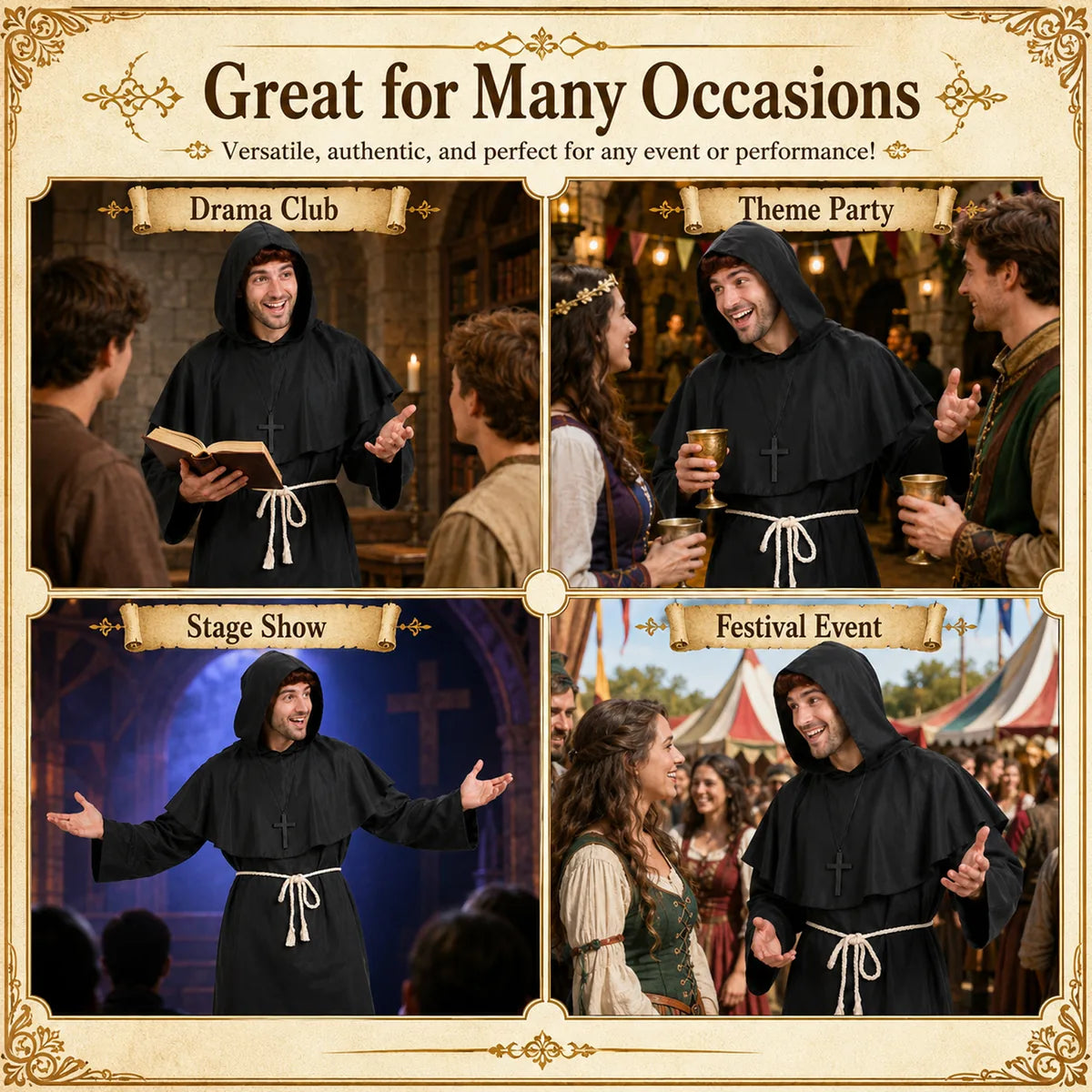 Adult black monk robe costume, male lifestyle view