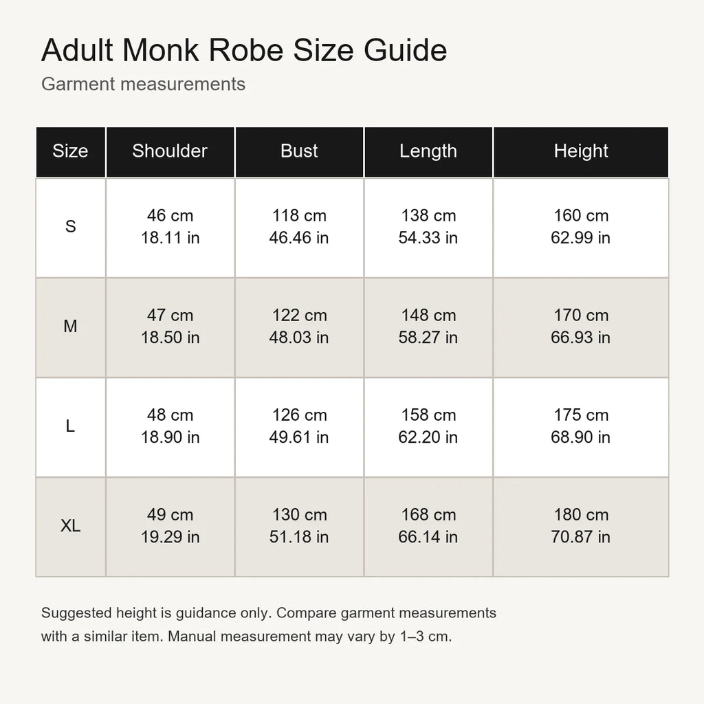 Adult black monk robe costume size guide from S to XL
