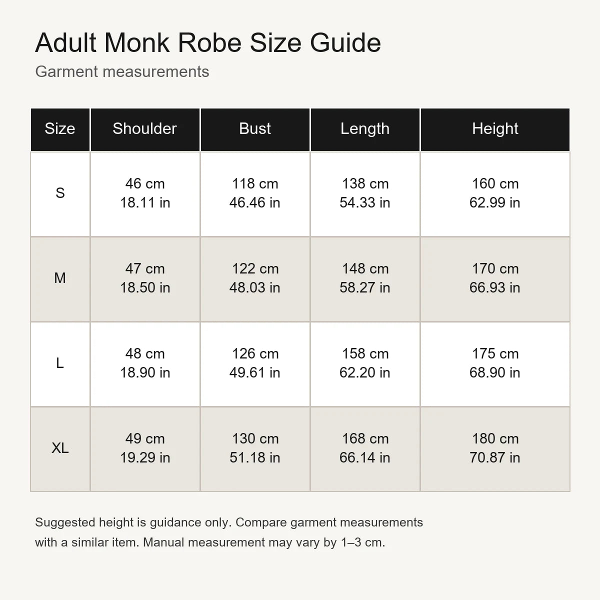 Adult black monk robe costume size guide from S to XL