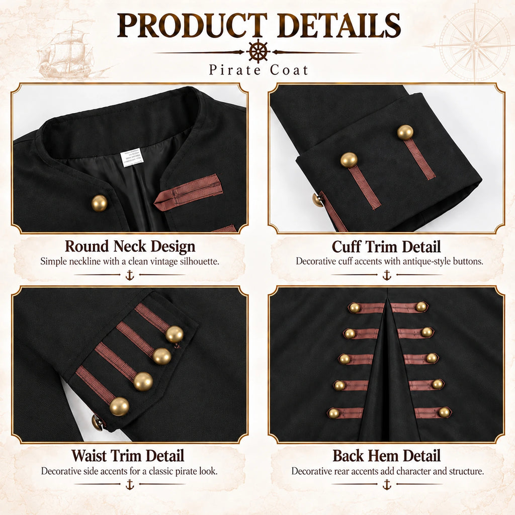 Detail views show the neckline, cuff trim, waist accents and back decoration of the black pirate coat.