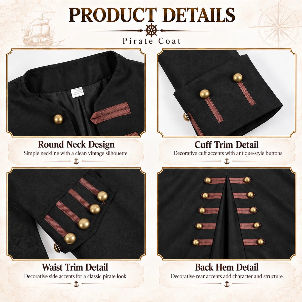 Detail views show the neckline, cuff trim, waist accents and back decoration of the black pirate coat.