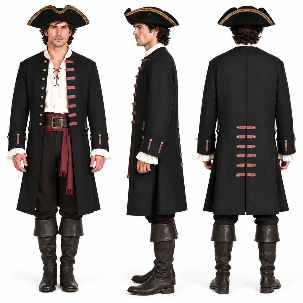 Front, side and back views of the black pirate coat worn by a man.