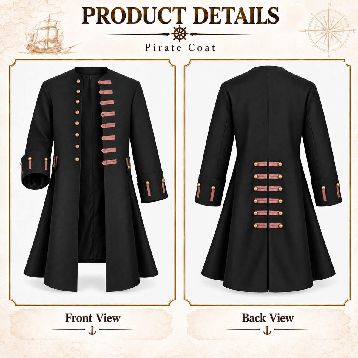 Front and back views of the black pirate coat with contrasting trim and gold-tone buttons.