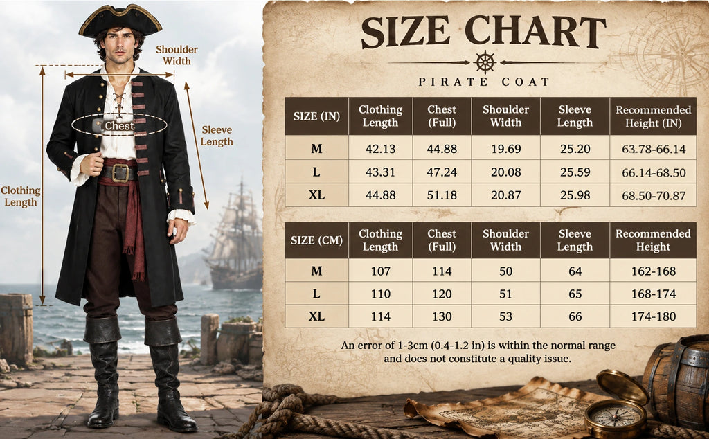 The black pirate coat size chart lists M, L and XL measurements in inches and centimeters.