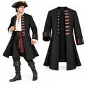 A man wears the black pirate coat beside the coat displayed on its own.