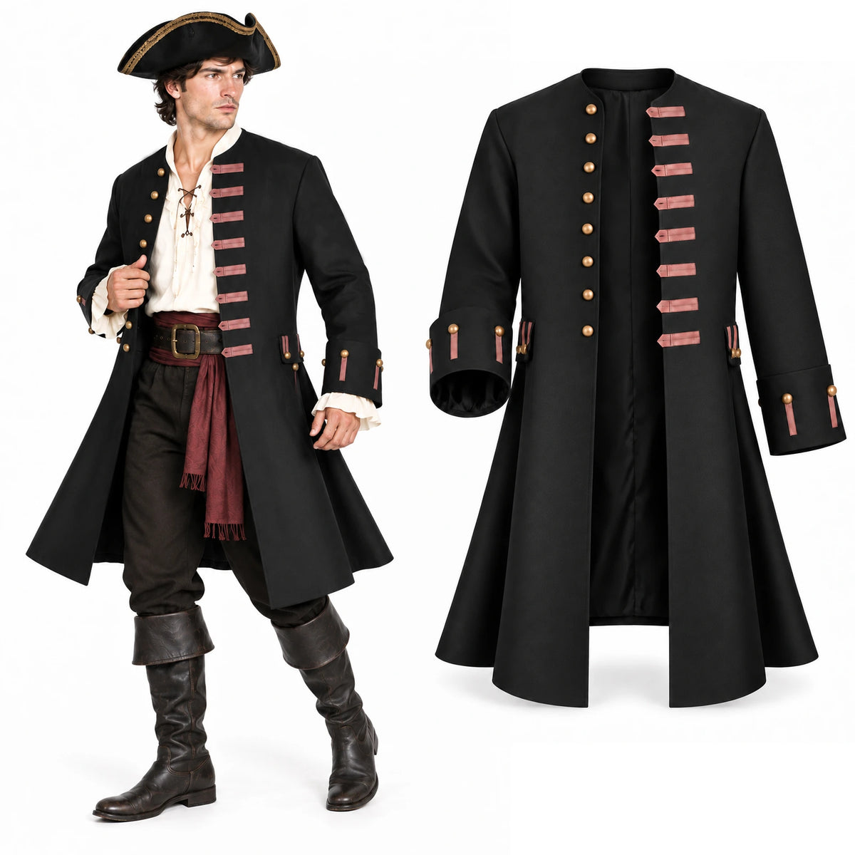 A man wears the black pirate coat beside the coat displayed on its own.