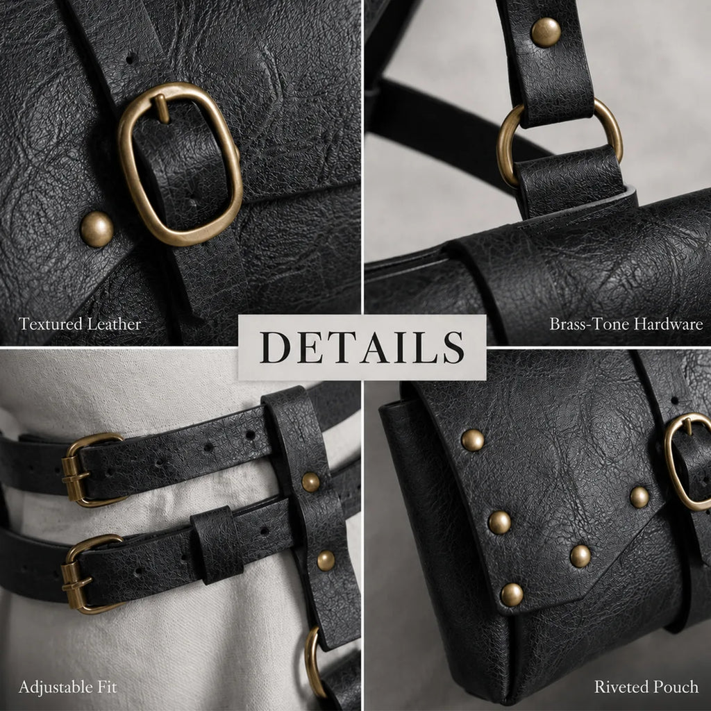 Close-up details of the black renaissance harness belt, showing visible texture, color, and construction.