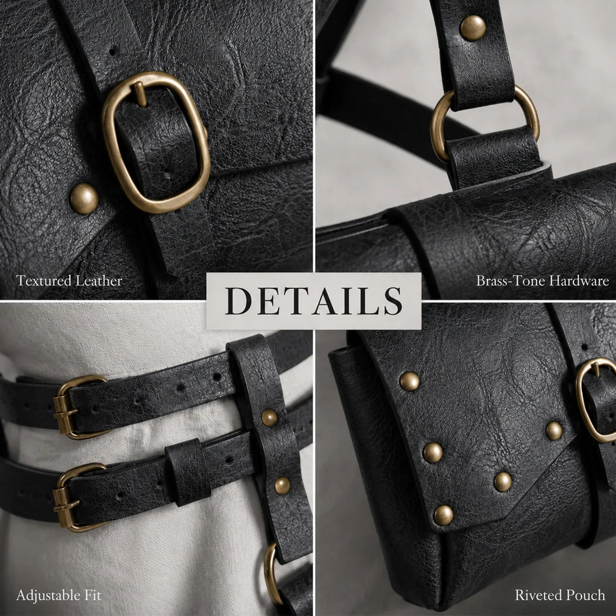 Close-up details of the black renaissance harness belt, showing visible texture, color, and construction.