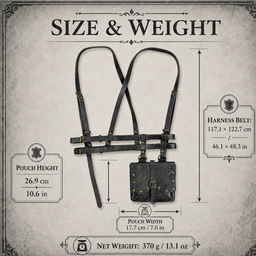 Dimension chart for the black renaissance harness belt, showing the listed product measurements and scale.