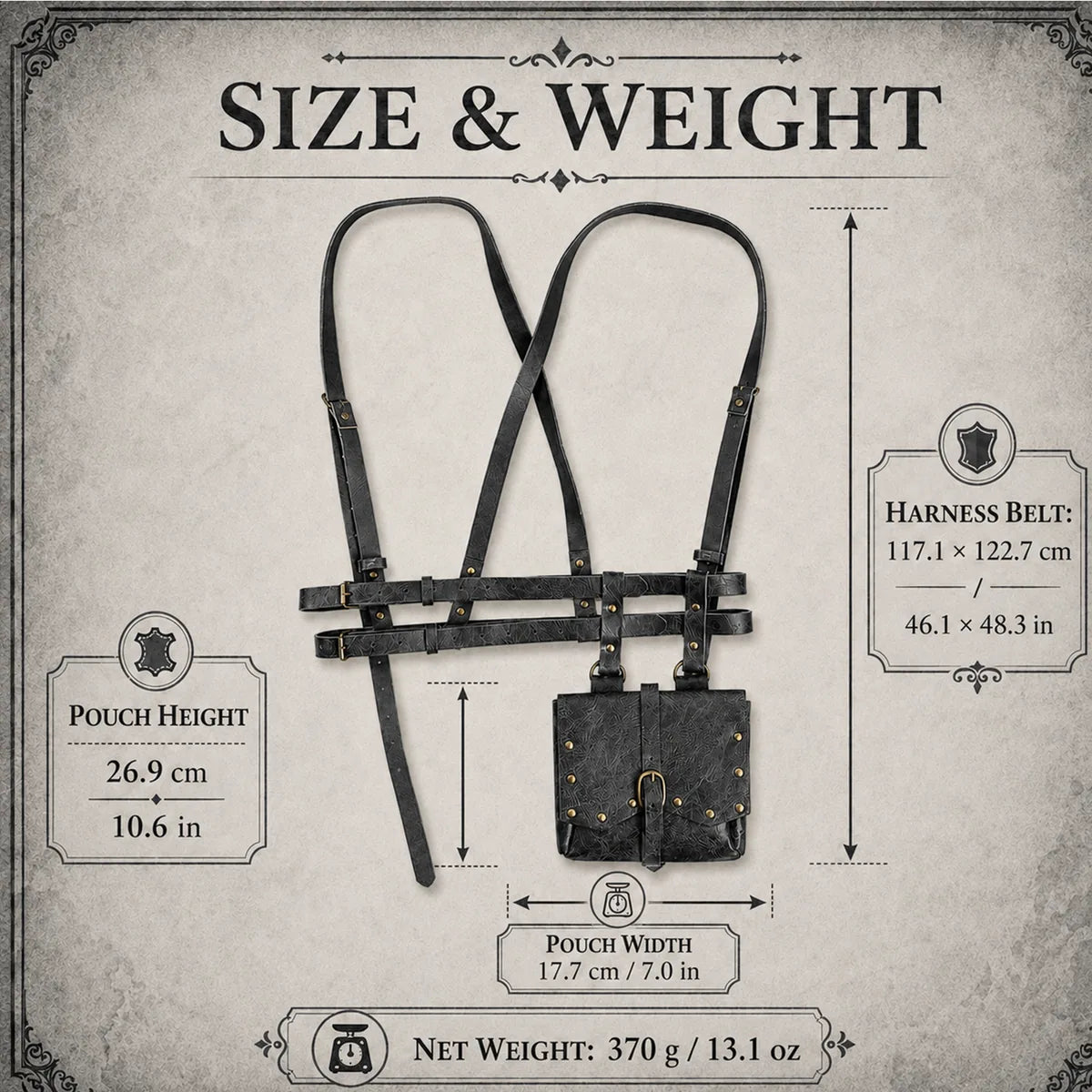 Dimension chart for the black renaissance harness belt, showing the listed product measurements and scale.