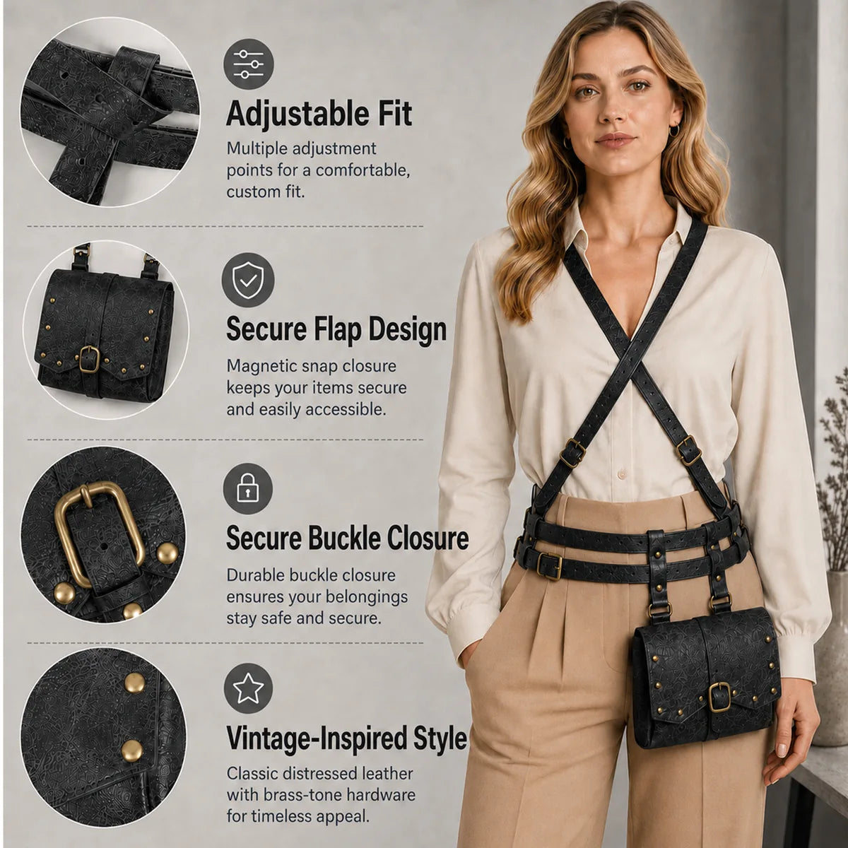 Feature graphic for the black renaissance harness belt, highlighting visible design details and intended use.