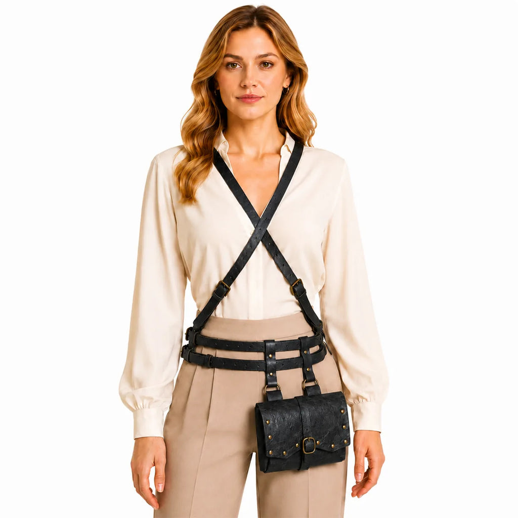Front view of the black renaissance harness belt, showing its overall shape and visible design.