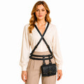 Front view of the black renaissance harness belt, showing its overall shape and visible design.