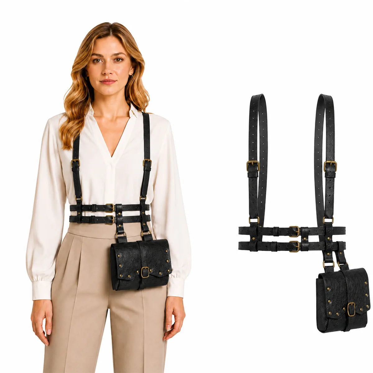 Side view of the black renaissance harness belt, showing its profile and visible construction details.