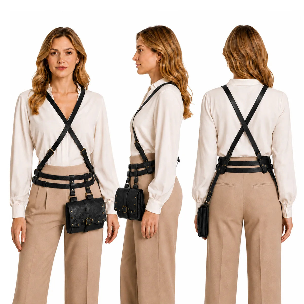 Multiple-angle view of the black renaissance harness belt, showing its shape from different sides.