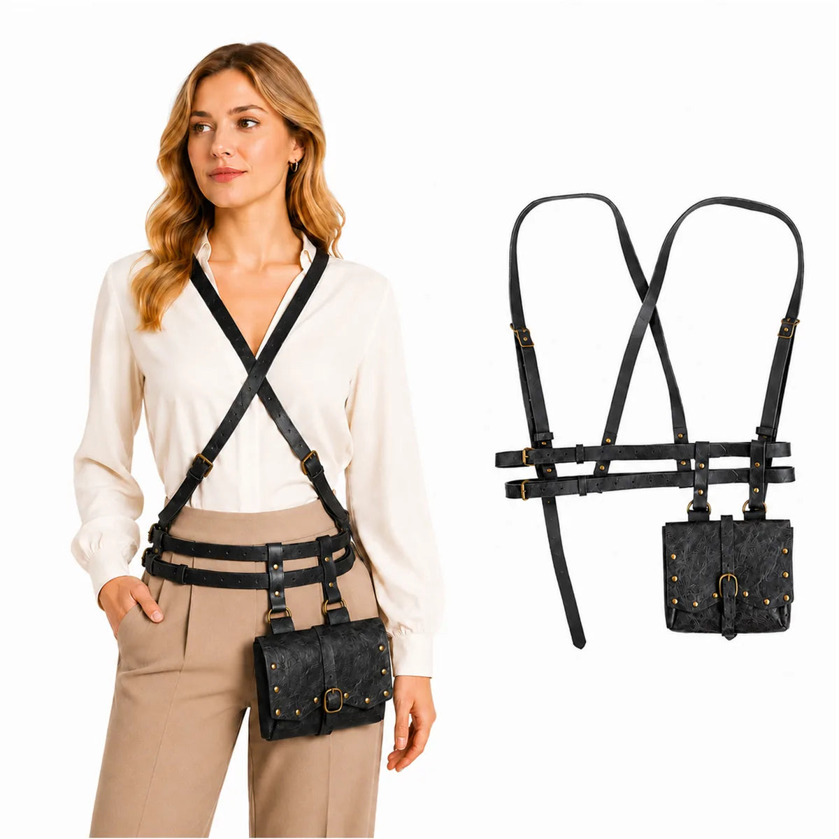 Styled view of the black renaissance harness belt, showing how the item appears in use.