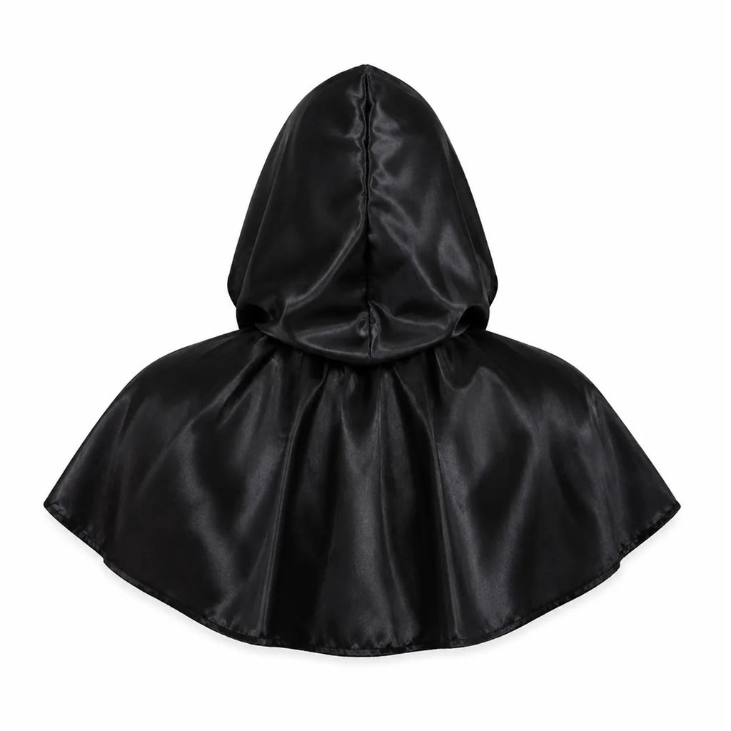 Back view shows the full hood and curved capelet hem.