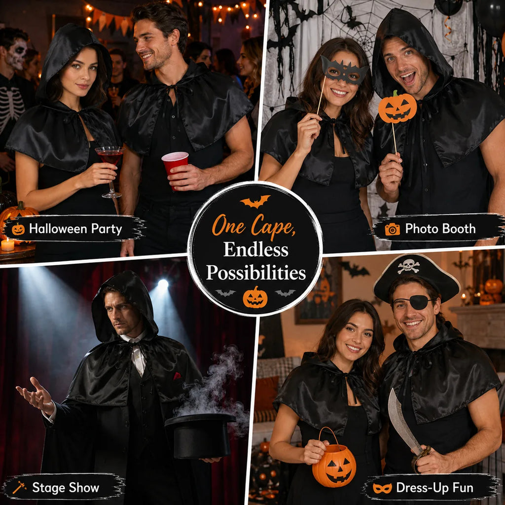 Black hooded capelet shown at a party, photo booth, stage show, and dress-up event.