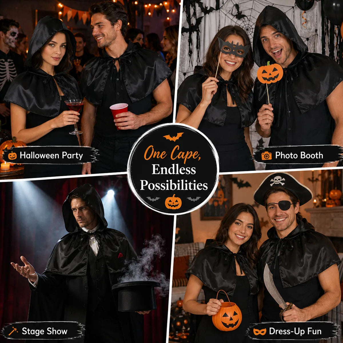 Black hooded capelet shown at a party, photo booth, stage show, and dress-up event.