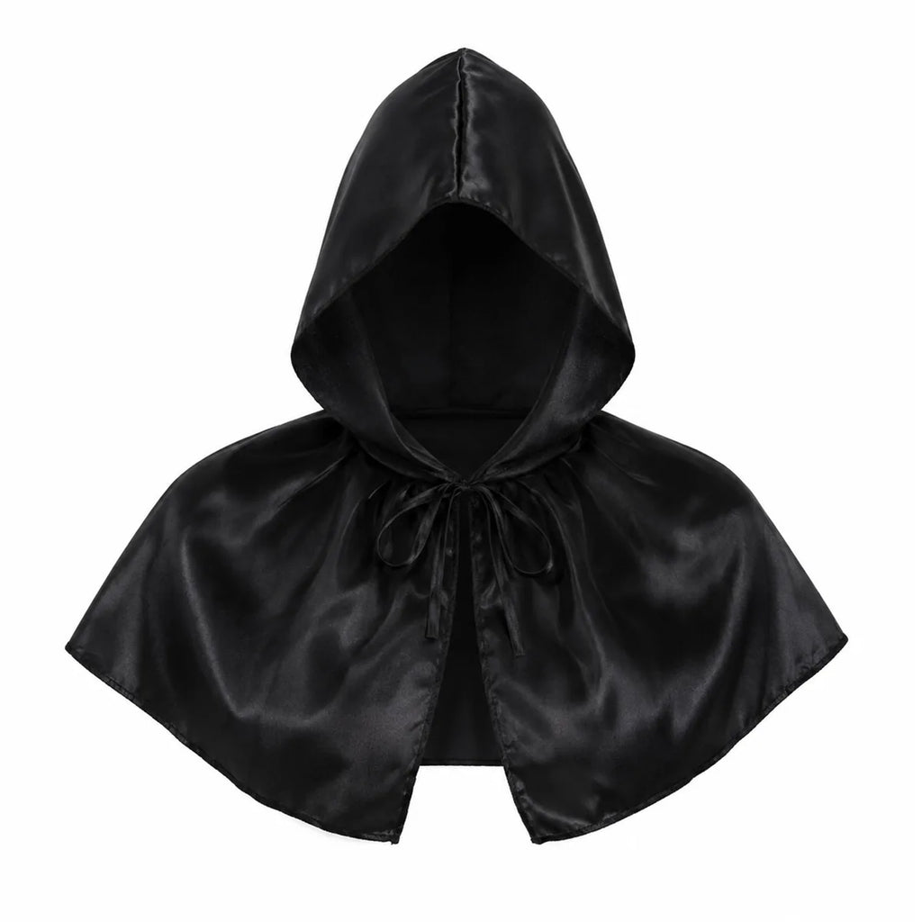 Front view of the black satin hooded capelet, showing its overall shape and visible design.