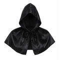 Front view of the black satin hooded capelet, showing its overall shape and visible design.