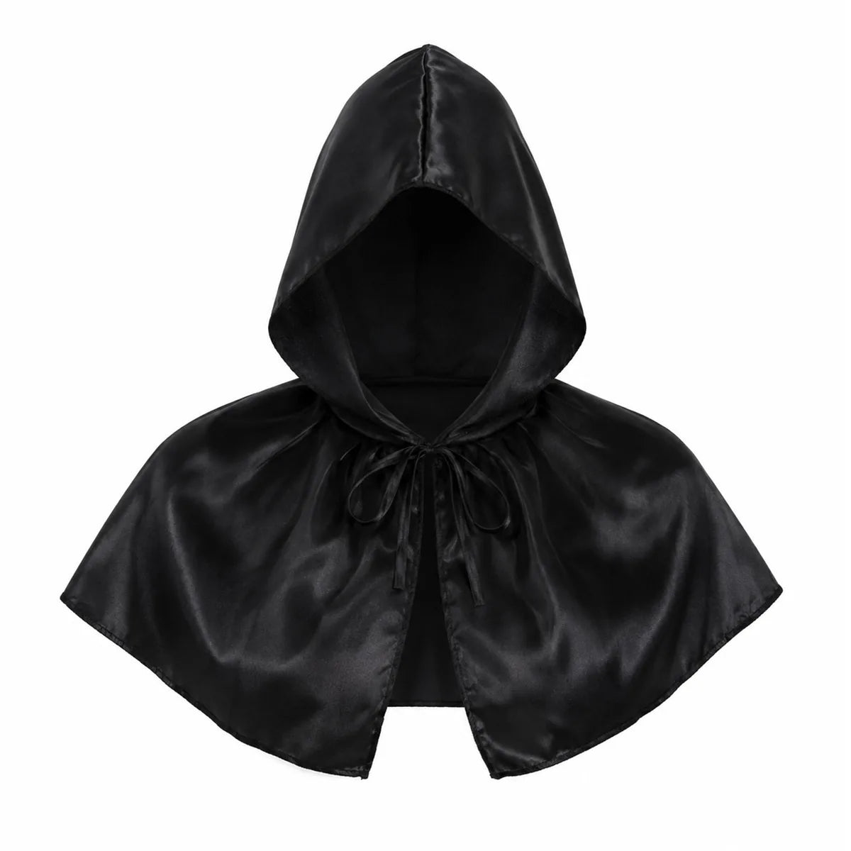Front view of the black satin hooded capelet, showing its overall shape and visible design.