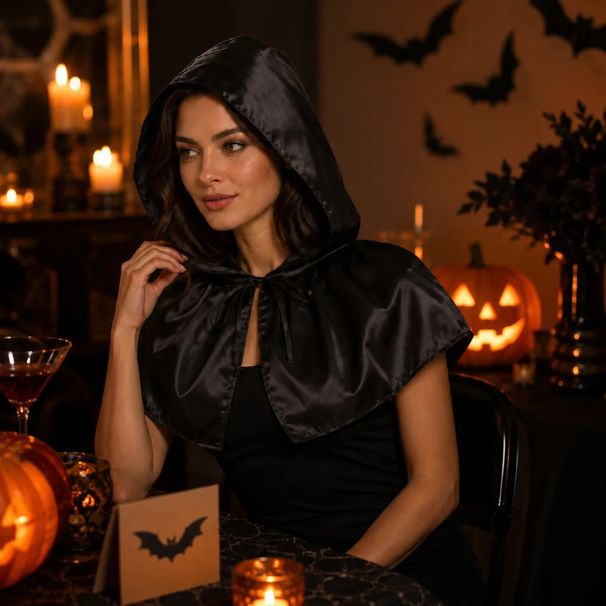 Woman wears the black satin-look hooded capelet in a Halloween setting.