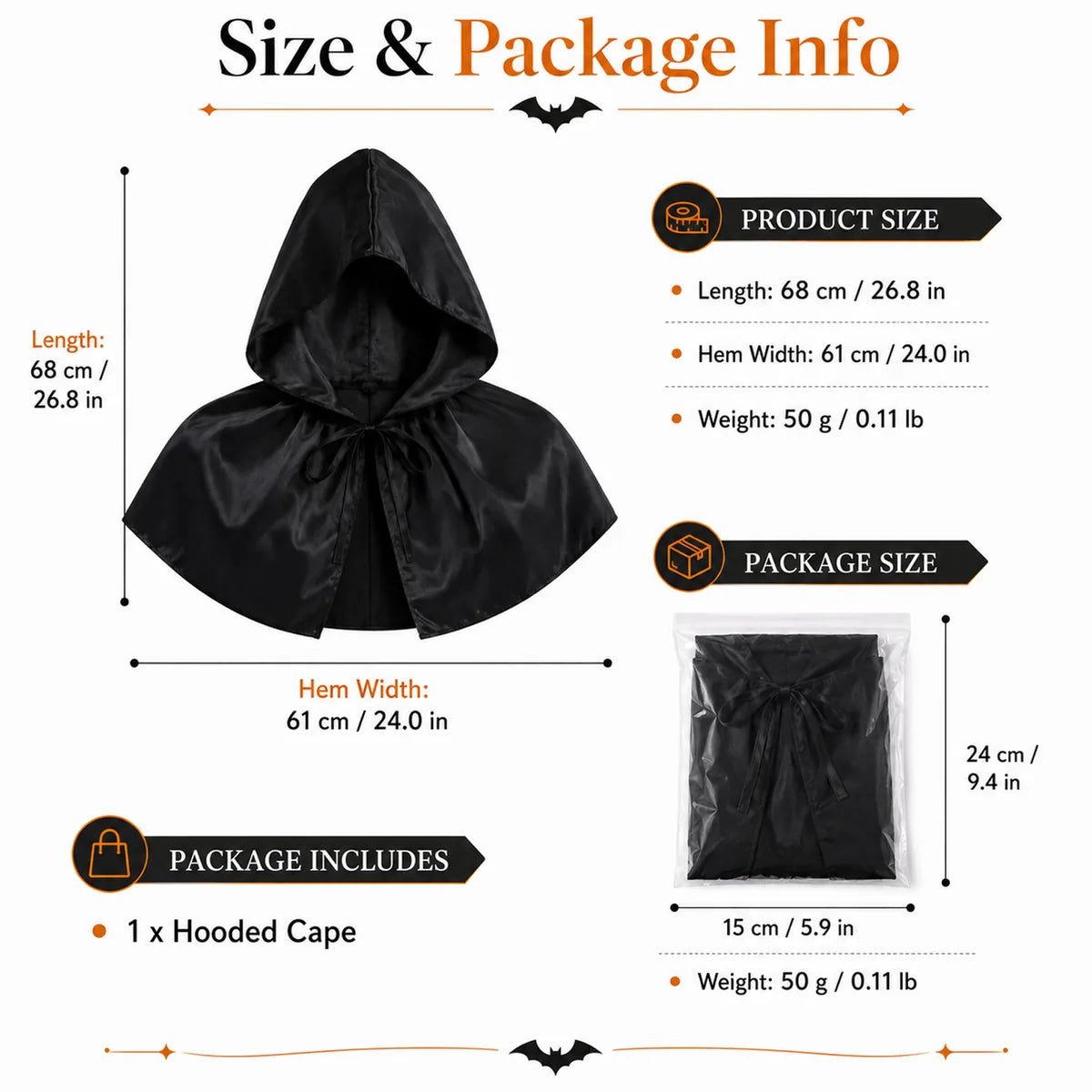 Size graphic shows hooded capelet and package dimensions and weight.