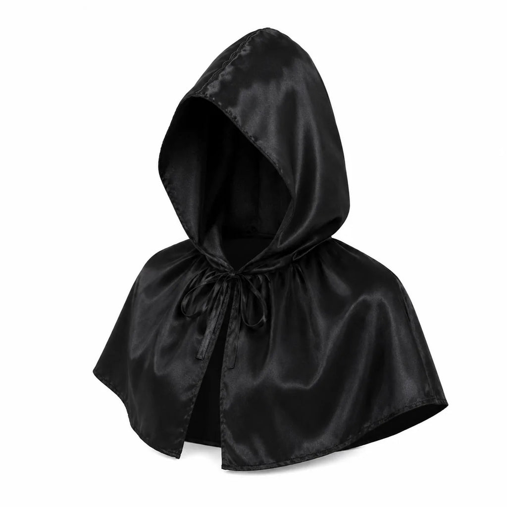 Multiple-angle view of the black satin hooded capelet, showing its shape from different sides.