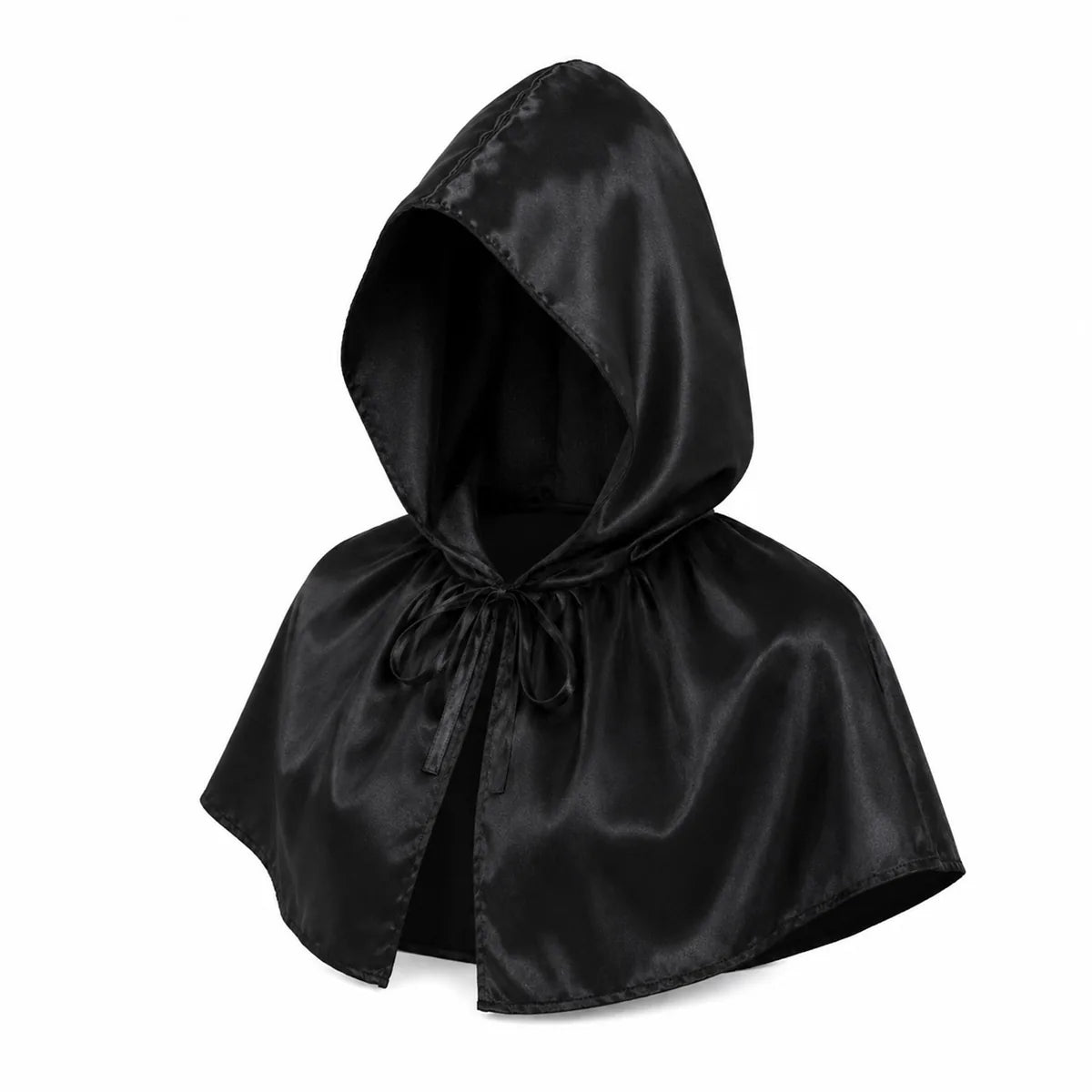 Multiple-angle view of the black satin hooded capelet, showing its shape from different sides.