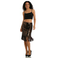 A woman models the black sequin fringe midi skirt from the front against a white background, showing its overall silhouette.