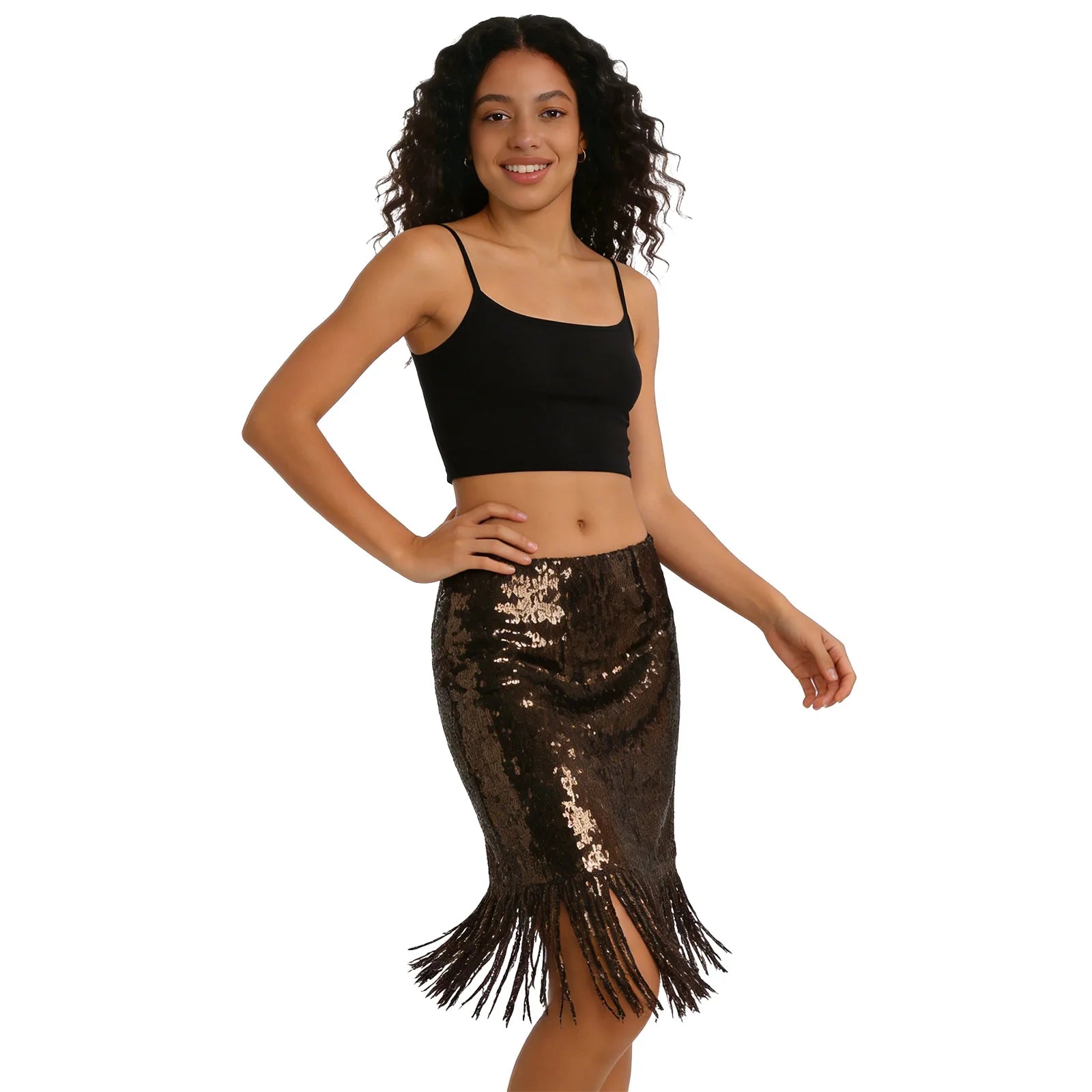 A woman models the black sequin fringe midi skirt in a closer waist-up front pose against a white background.