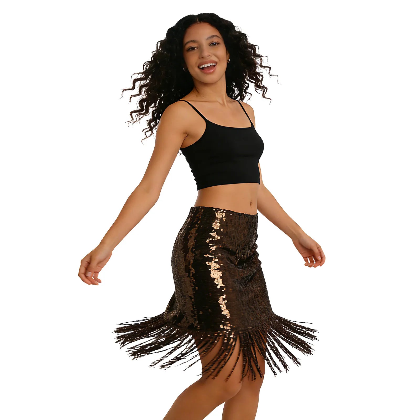 A woman models the black sequin fringe midi skirt from a three-quarter front angle against a white background.